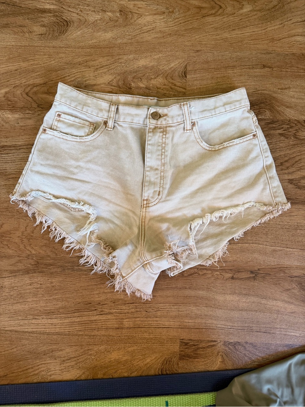 BDG Cream High-Waist Frayed Hem Denim Shorts